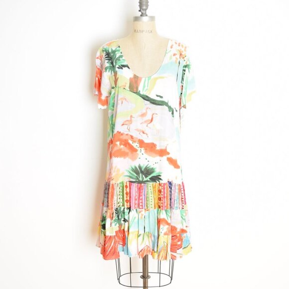 Jams World hattie dress flamingo print aloha Hawaiian tiered mini rayon L
